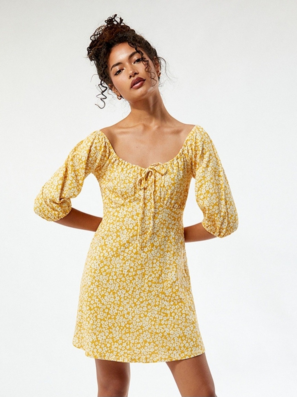 PacSun Yellow Floral Tie-Front Mini Dress
